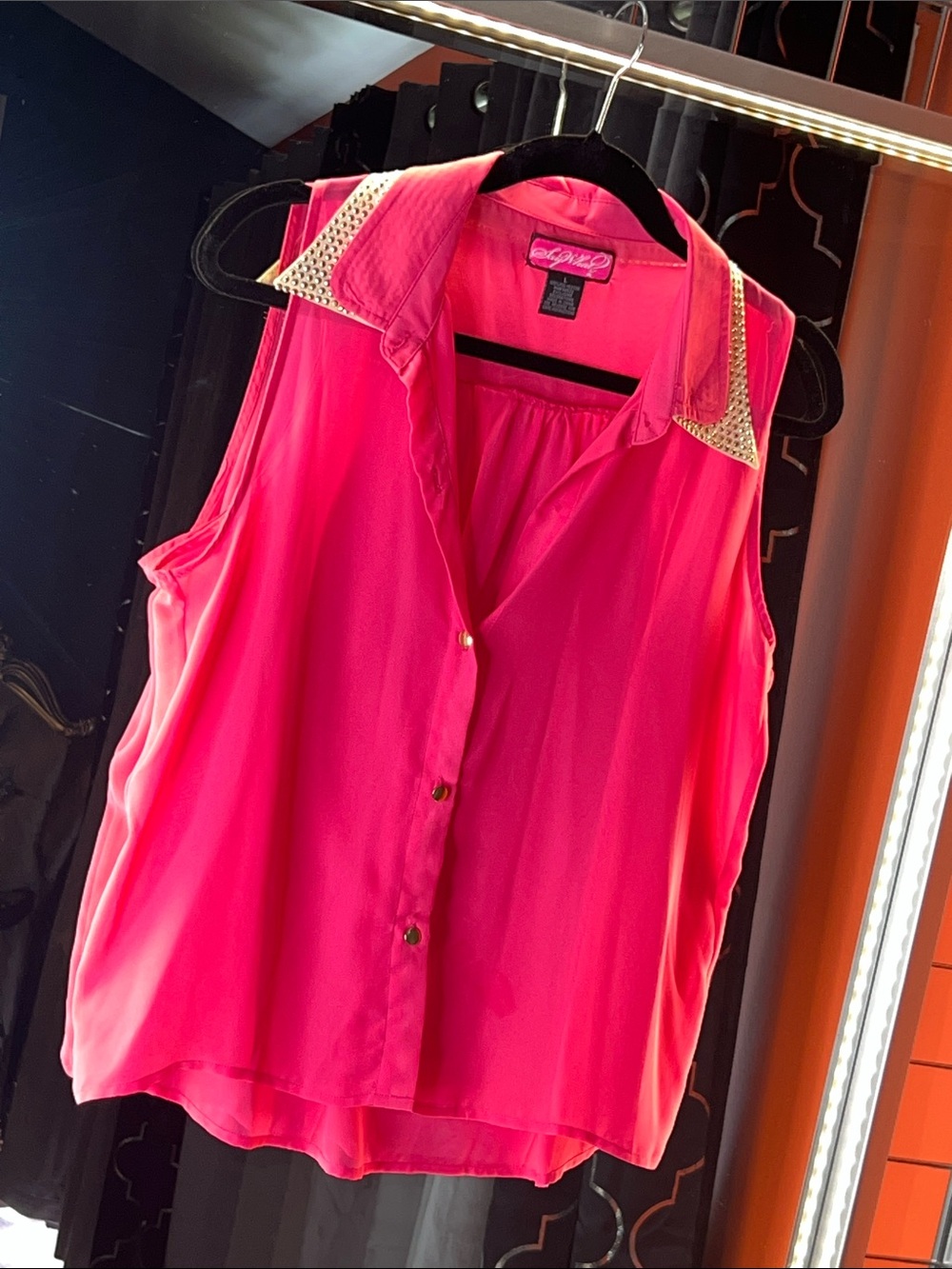 Say What? Hot Pink Studded Collar Sheer Sleeveless Blouse 💖✨